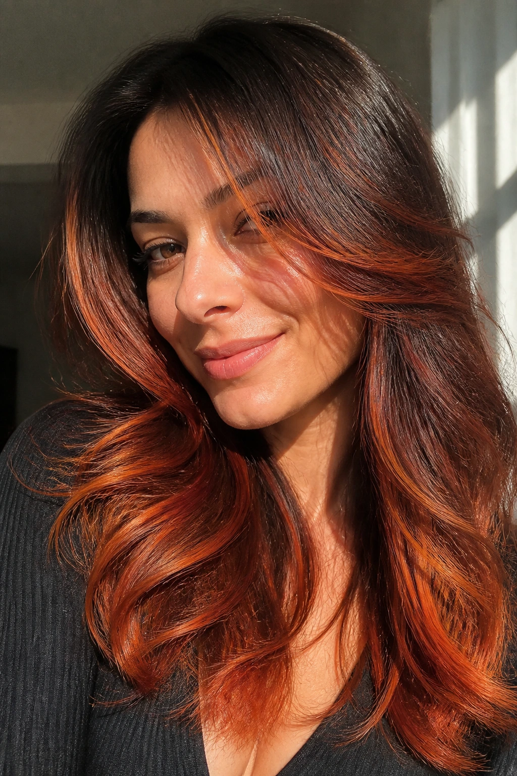 Real woman with firelight balayage in layered brown hair