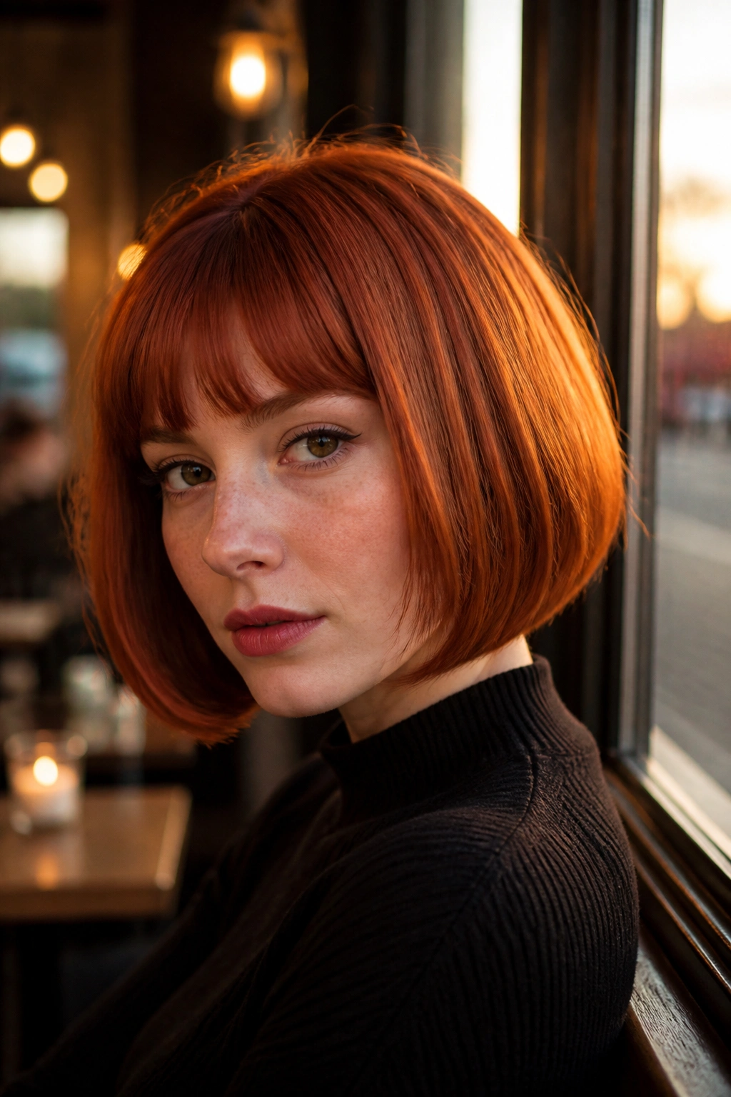Close-up of a real person with Firelight Pageboy Modern hairstyle