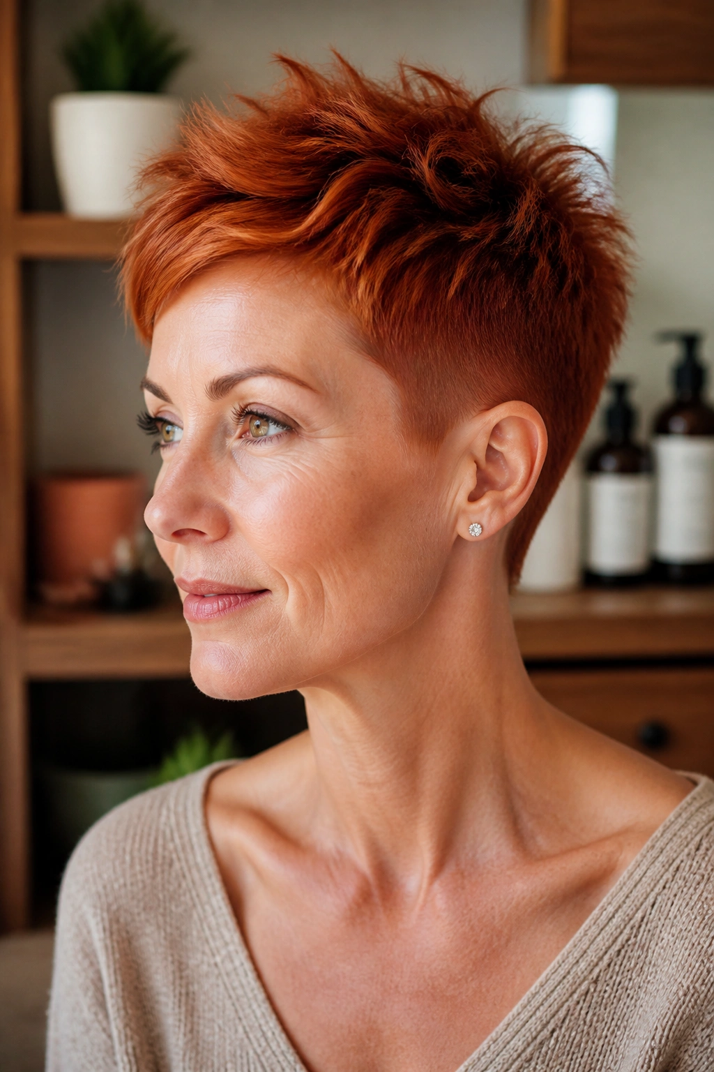 Close-up of a real woman with firelight taper fade pixie and textured top.
