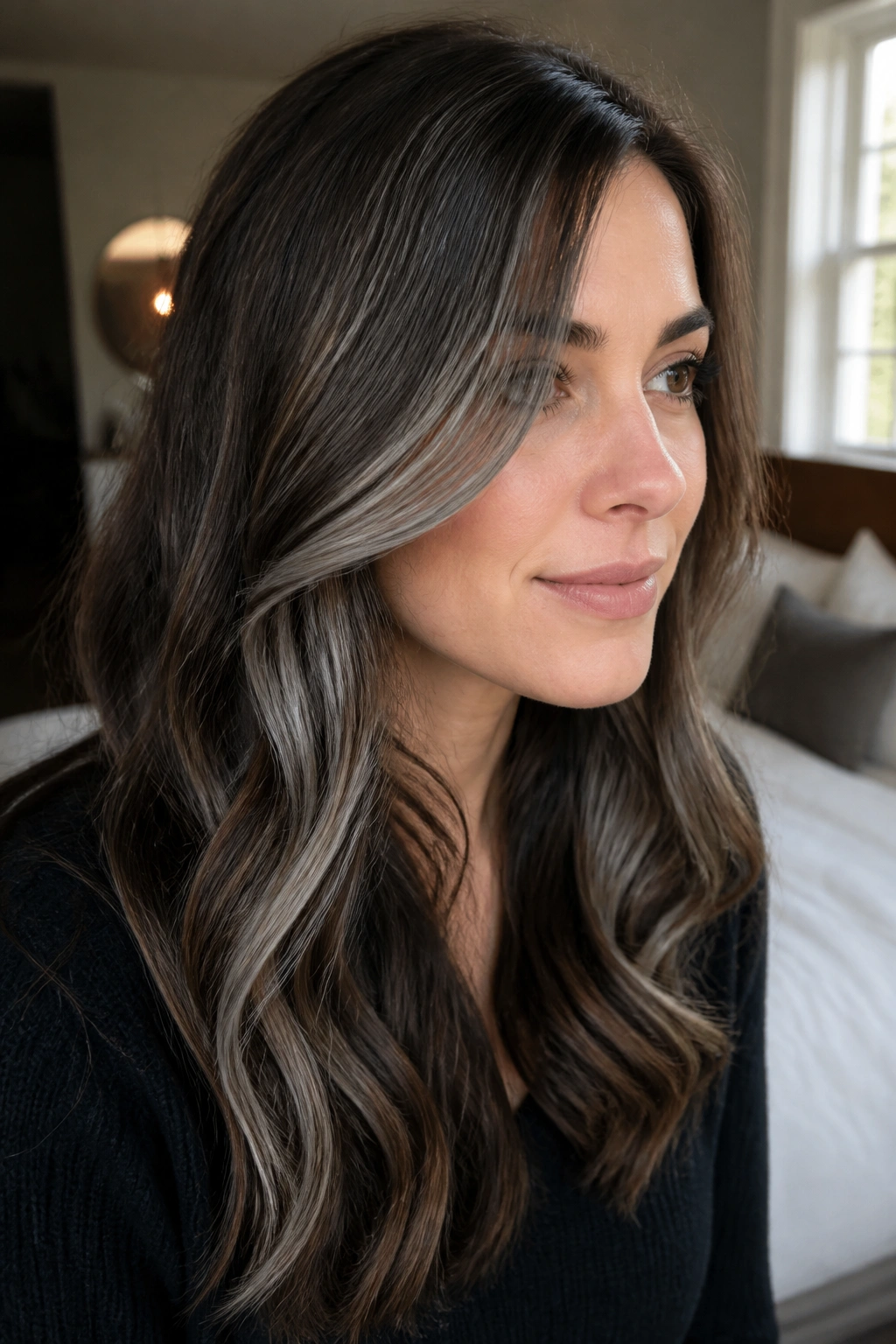 Close-up portrait of a real woman with subtle first-time grey balayage ribbons on brown hair