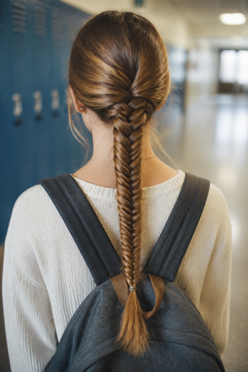 Back view of a real woman with a fishtail braid down the back