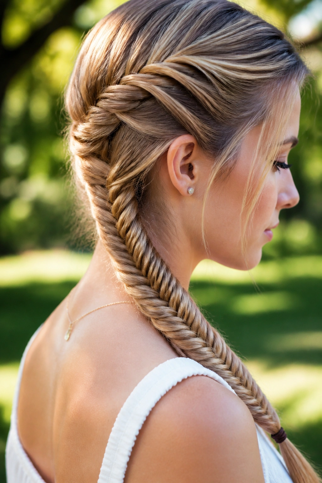 Close-up of real woman's fishtail braid on straight hair in park