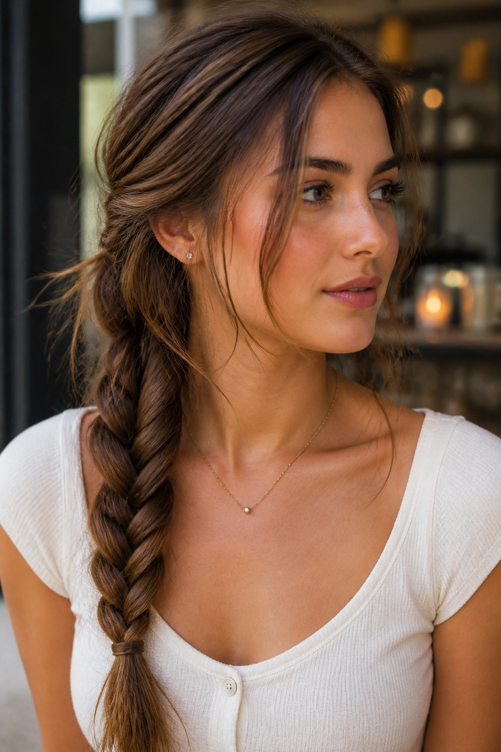 Close-up of a real woman with a fishtail side braid and loose face pieces.