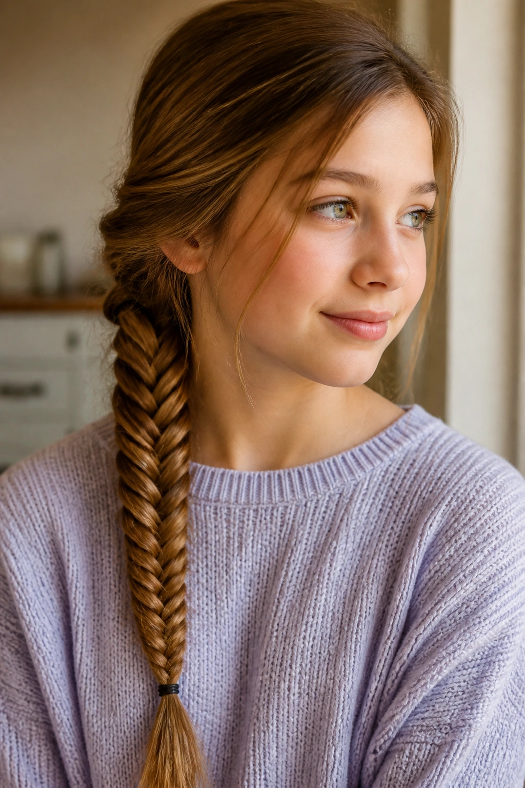 Real girl with a fishtail braid over the shoulder in soft indoor light