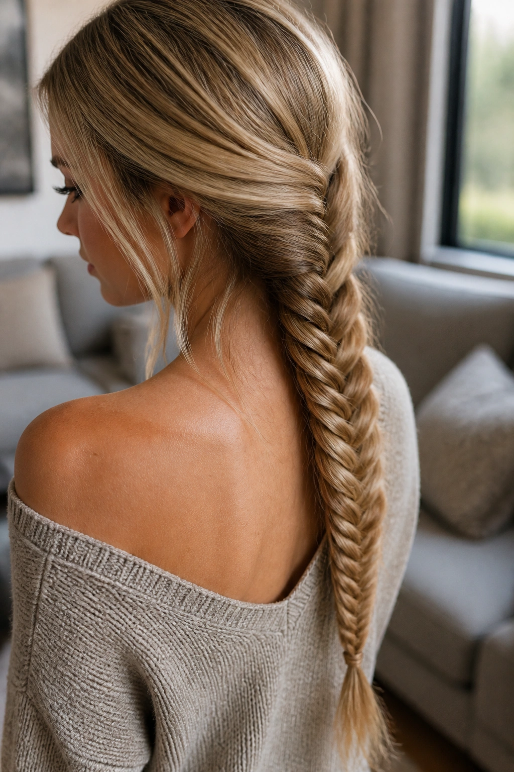 Close-up of a real woman with a long fishtail braid in soft light