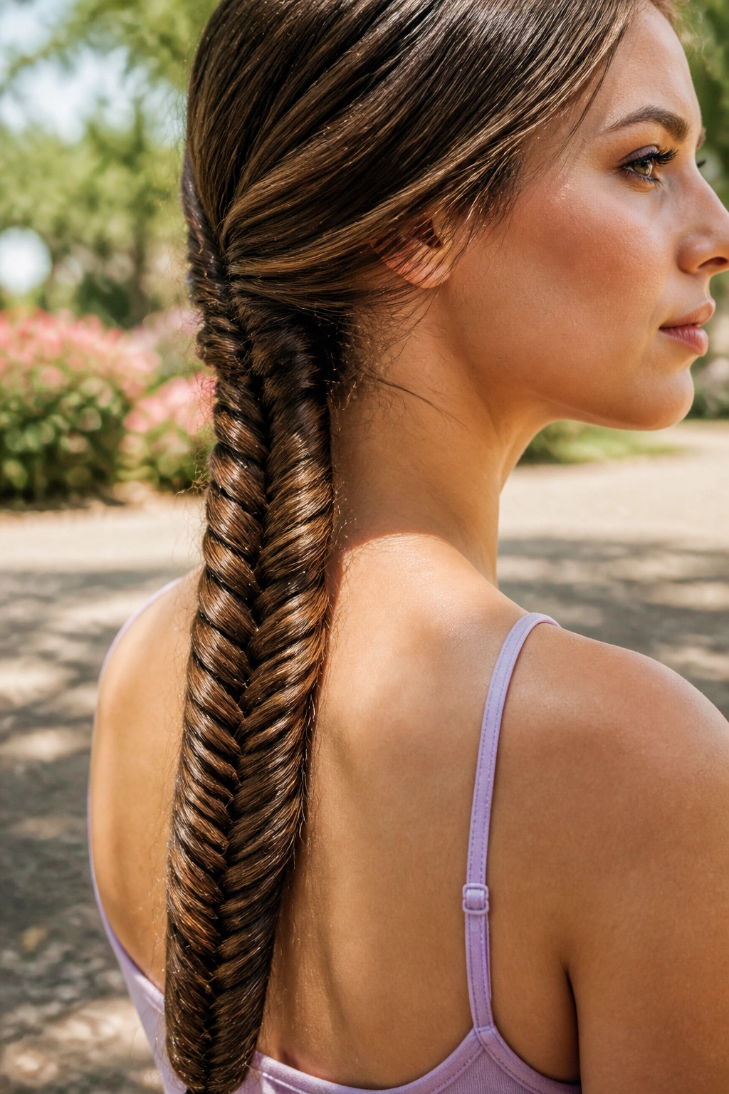 Close-up of a real woman with a fishtail braid.