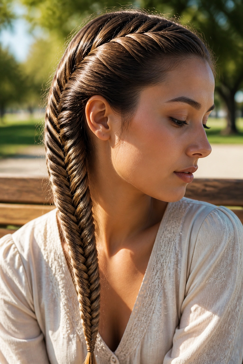 Real woman with tight fishtail braid along the scalp under natural light