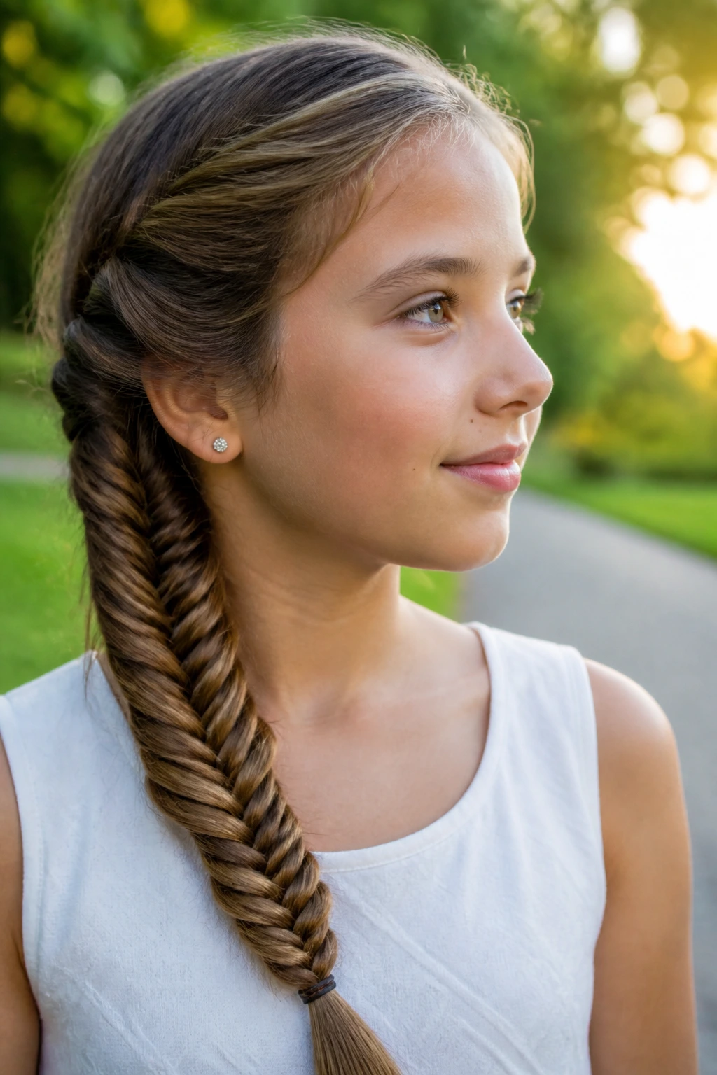 Close-up of a real person with a fishtail braid over the shoulder