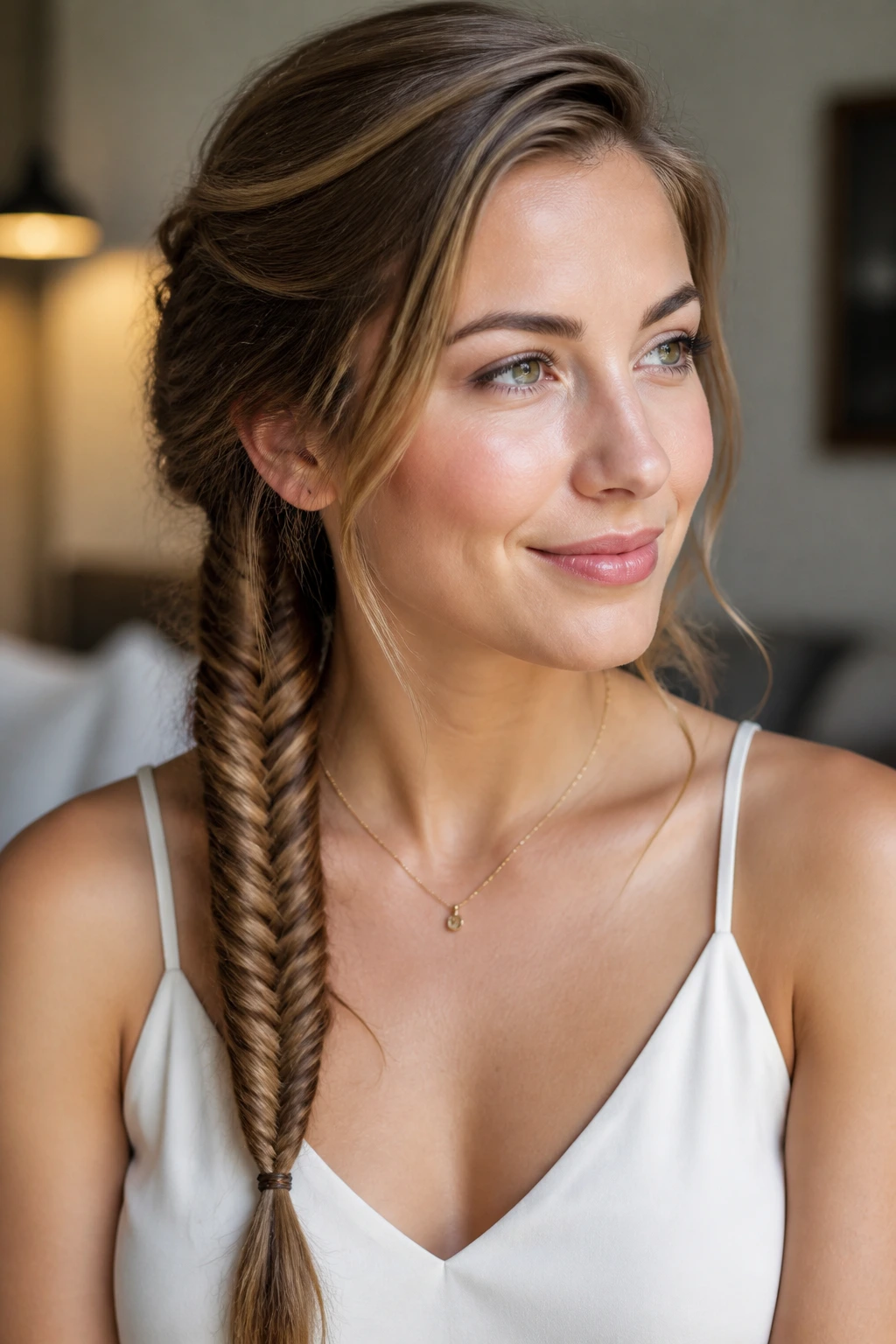 Close-up of a real woman wearing a fishtail braid over one shoulder