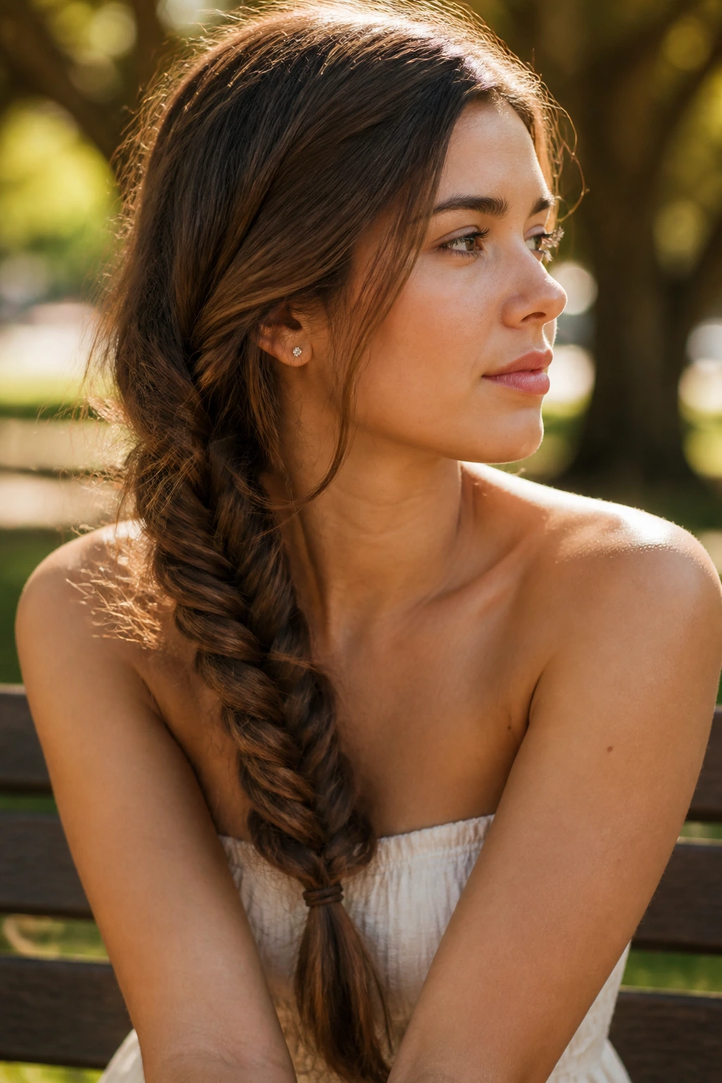 Close-up portrait of a real woman with a fishtail side braid along the head