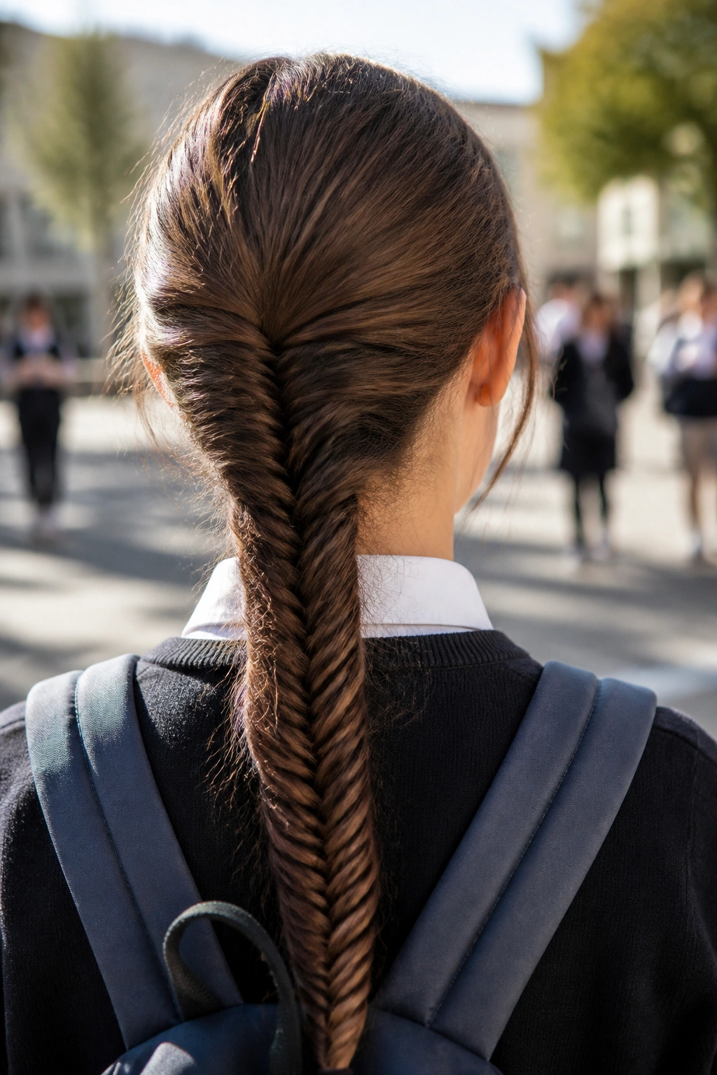 Back view of real student with fishtail braid along the back