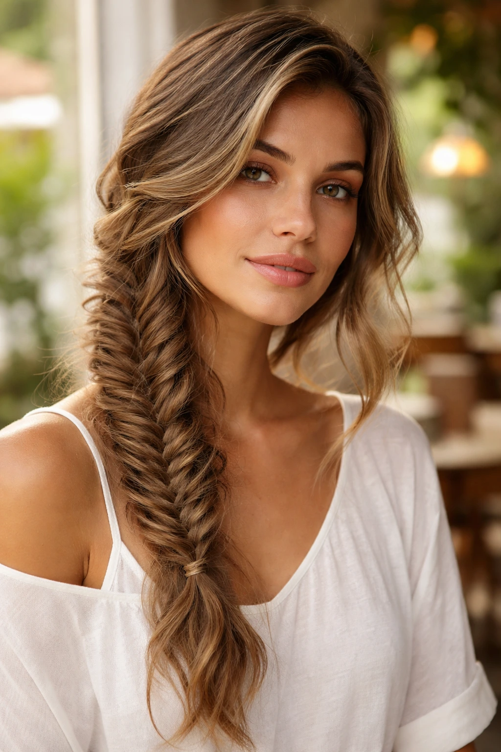 Real woman with fishtail braid along the side with waves