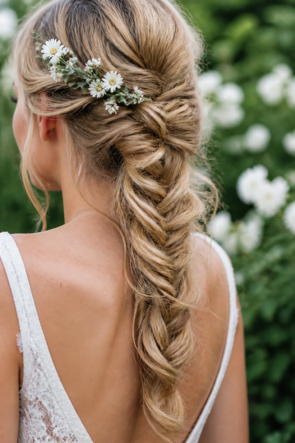 Bride with loose fishtail braid cascading down back.