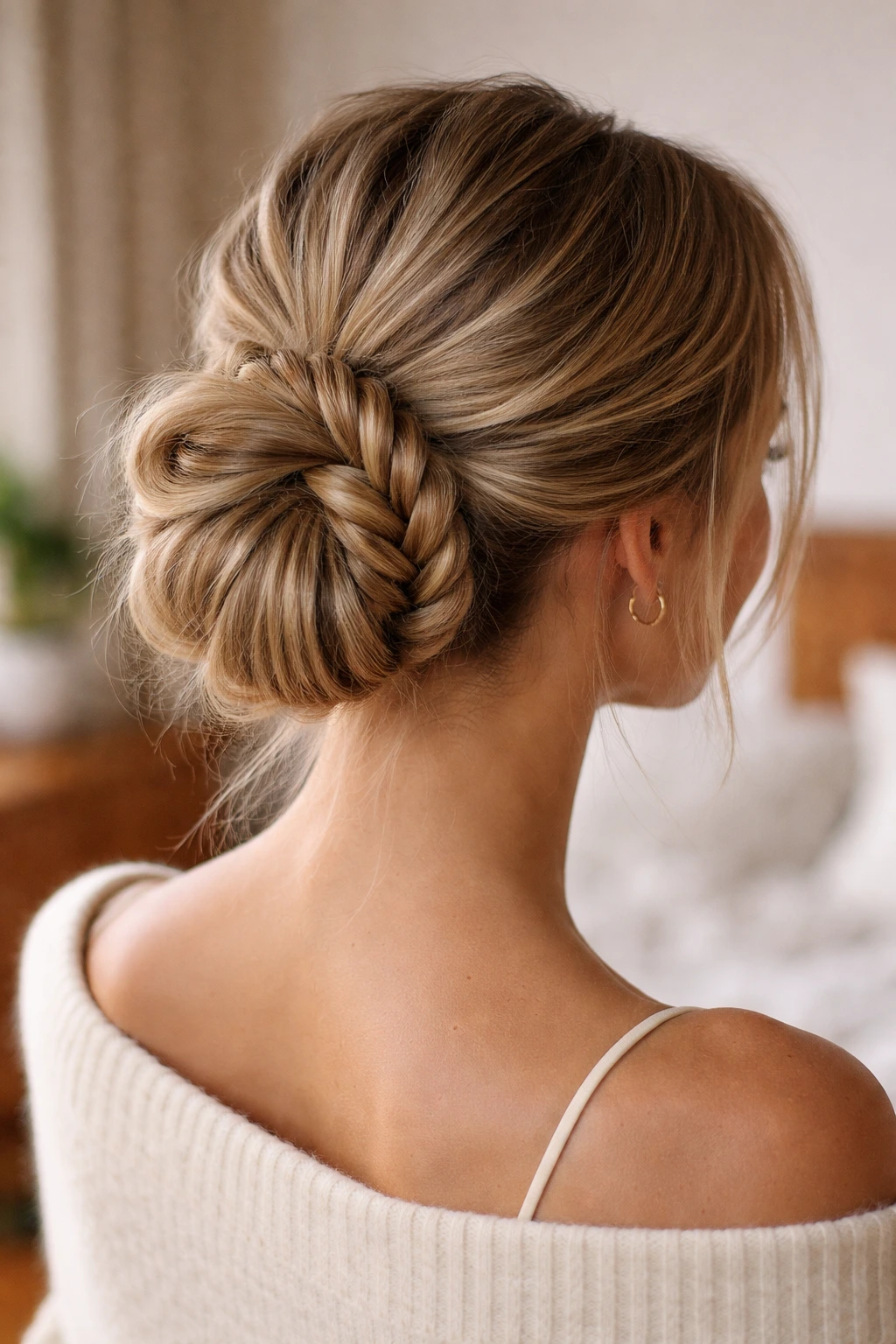 Close-up of a real woman with a loose fishtail braid bun in soft window light