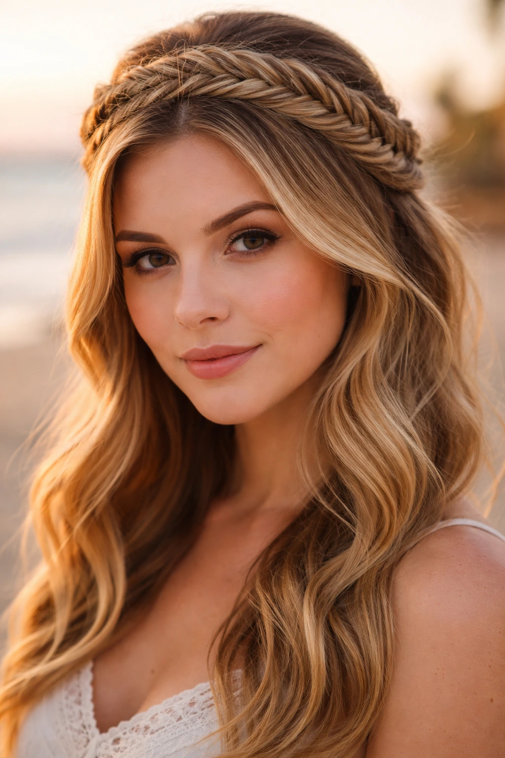 Real woman wearing a boho fishtail crown on a beach at sunset