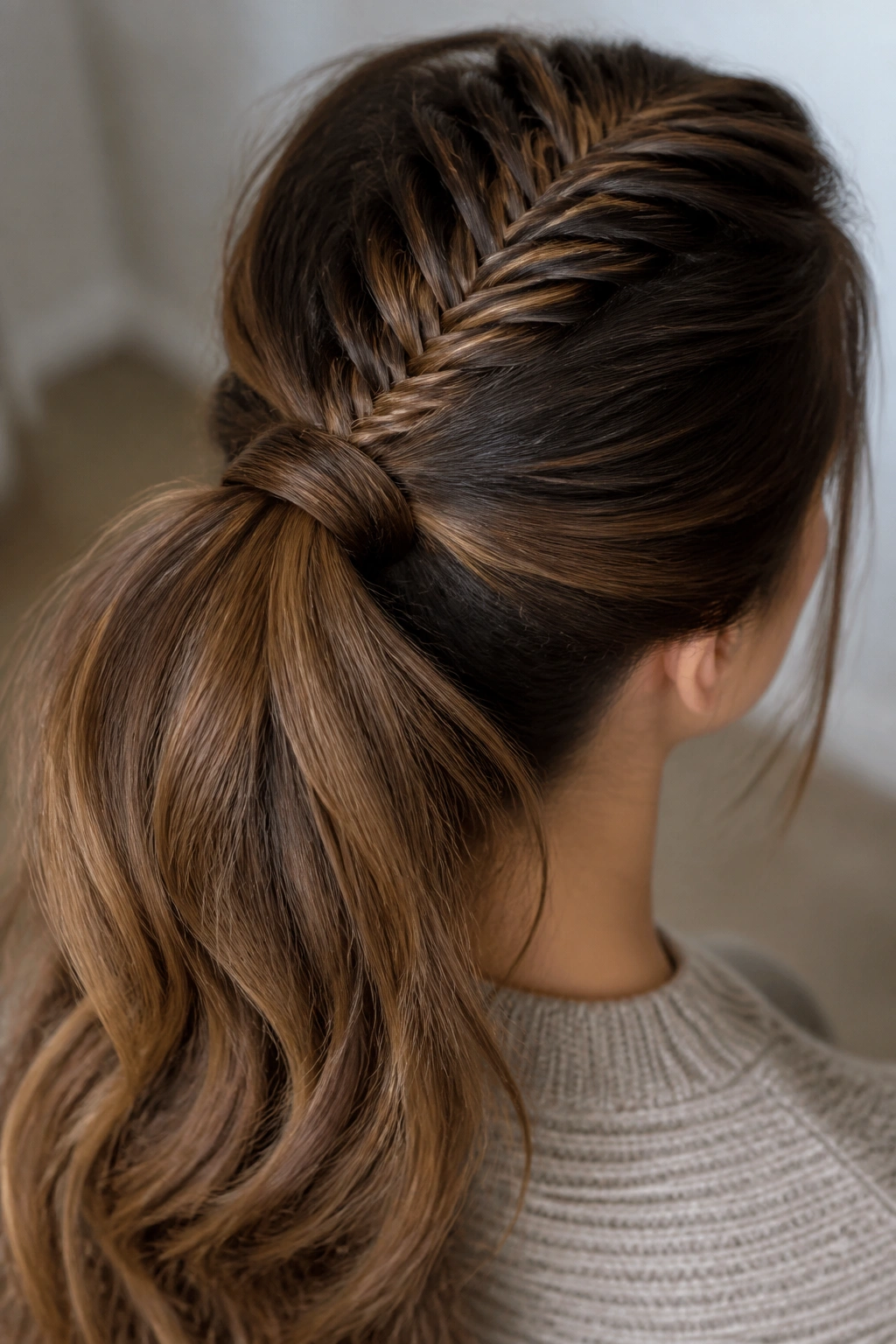 Close-up of fishtail crown braid feeding into a ponytail on a real person