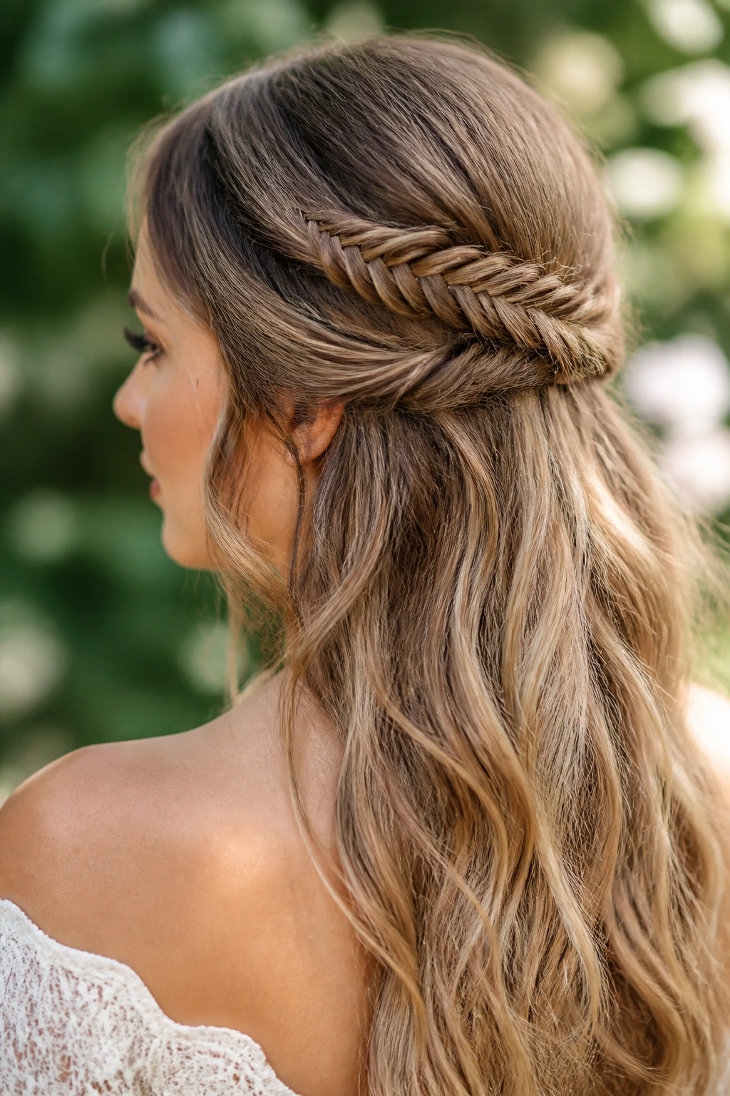 Close up of a real woman with a half up fishtail braid hairstyle.