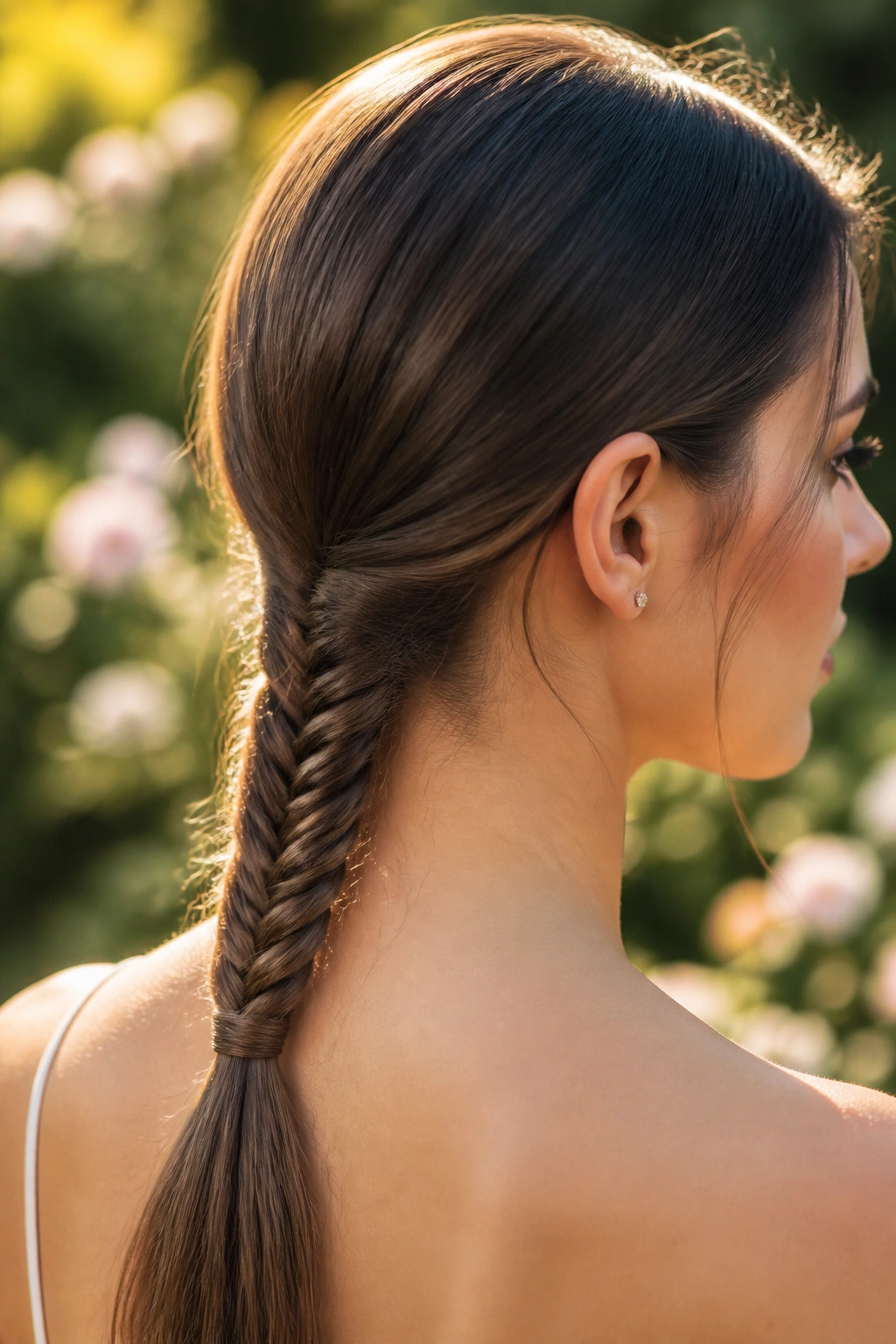 Close-up of a woman with a fishtail low ponytail at the nape.