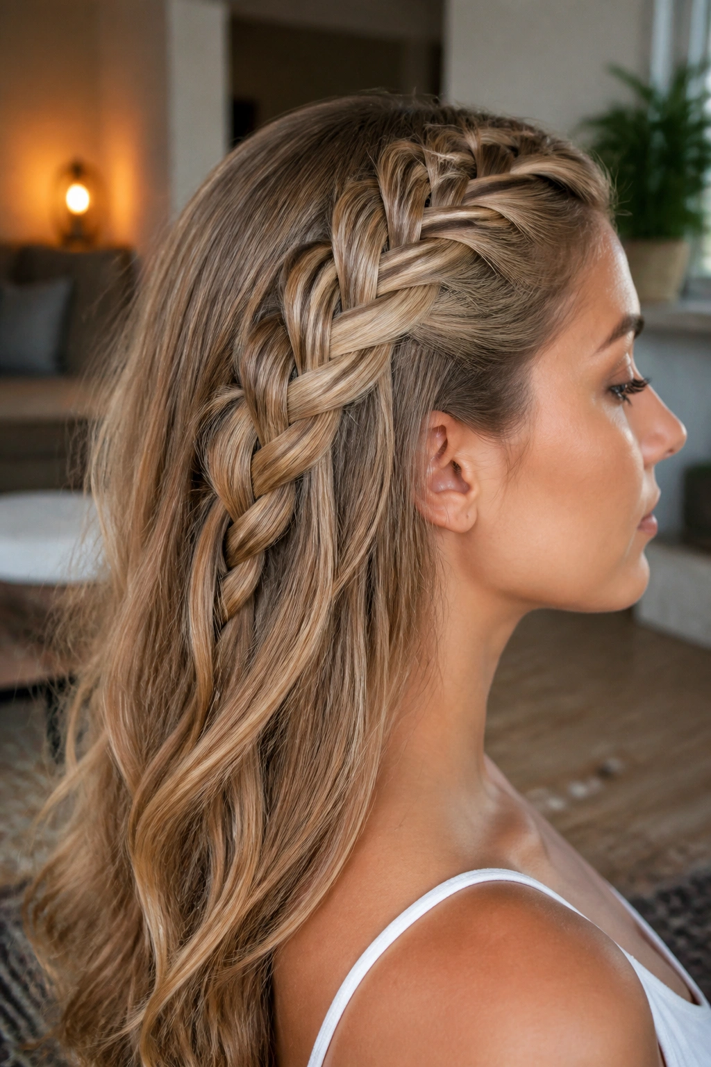 Close-up of a real person with a five-strand braid along the head.