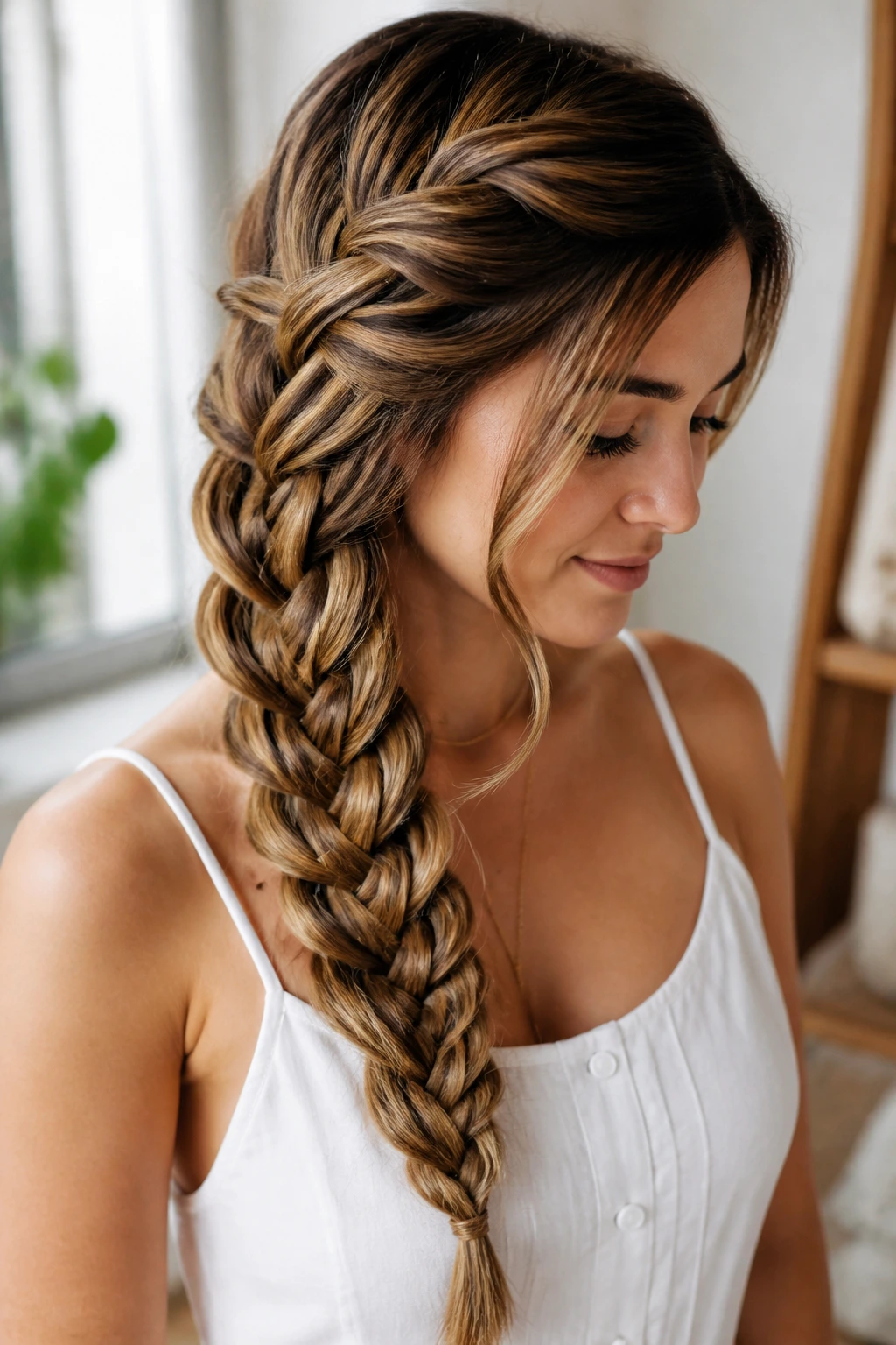 Real woman with a five-strand side braid close-up