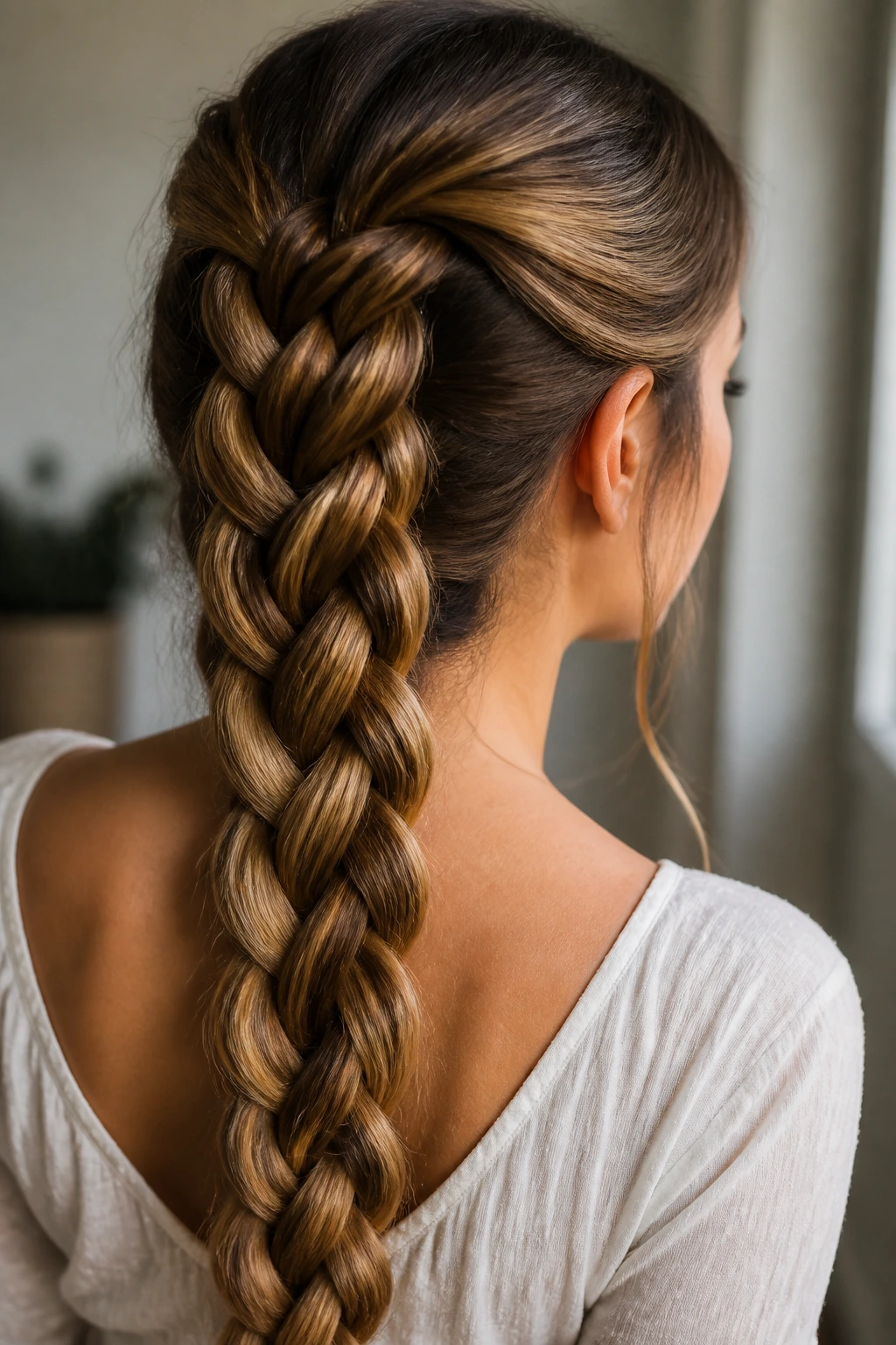 Close-up of a real woman with a five-strand braid on long hair in a softly lit space