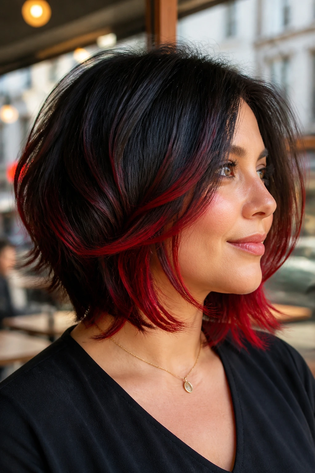 Real person with layered bob and flame-red flicks