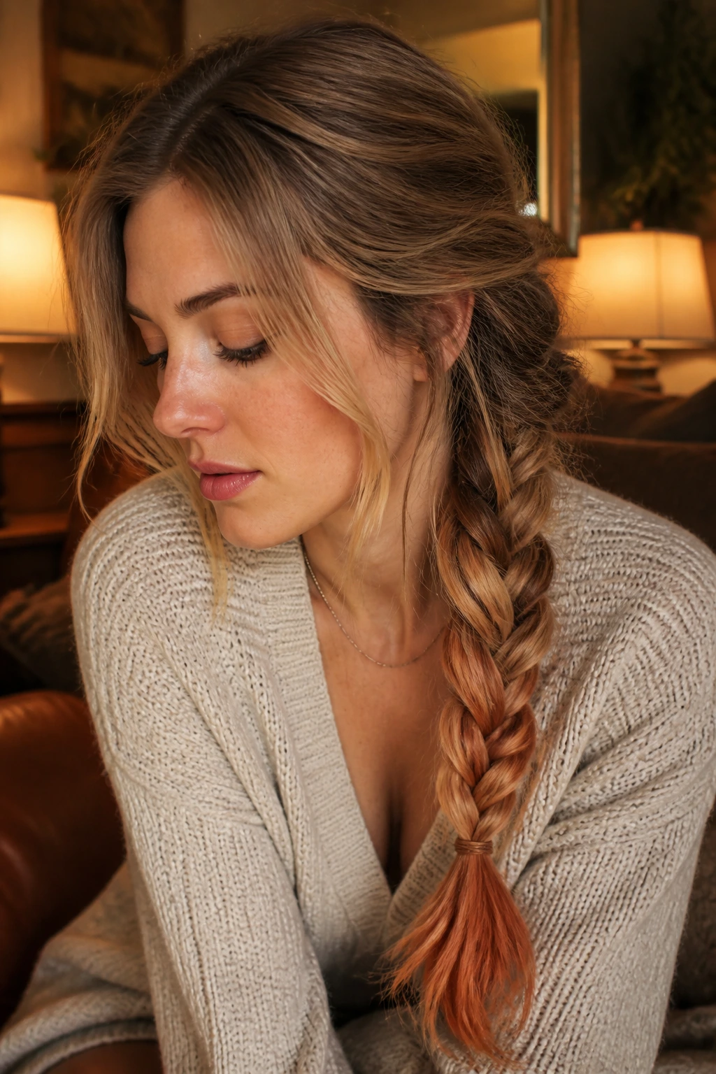Portrait of a woman with flame-touched ends seen in a loose braid