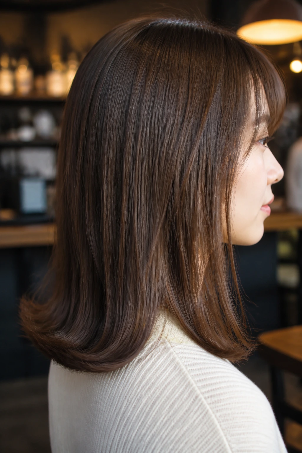Close-up of a real person with a subtle bend at the ends of straight hair