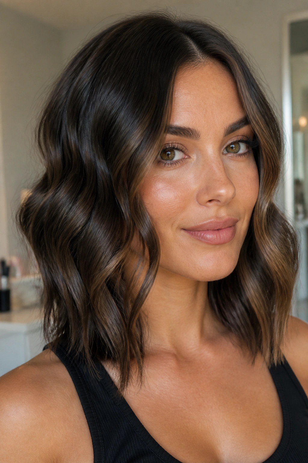 Real woman with flat-iron ribbon waves on medium-length hair in bright interior