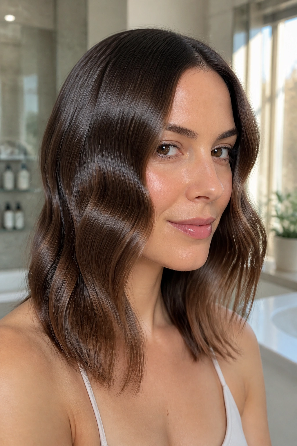 Close-up of a woman with ribbon-like flat-iron waves on medium-length hair