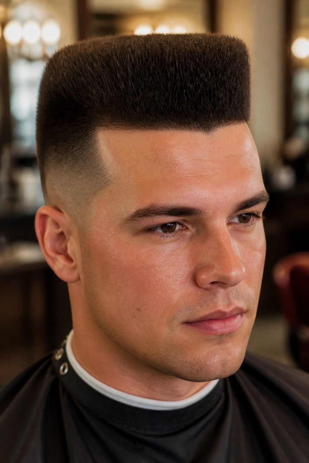 Close-up portrait of a man with a flat top haircut in a barbershop setting