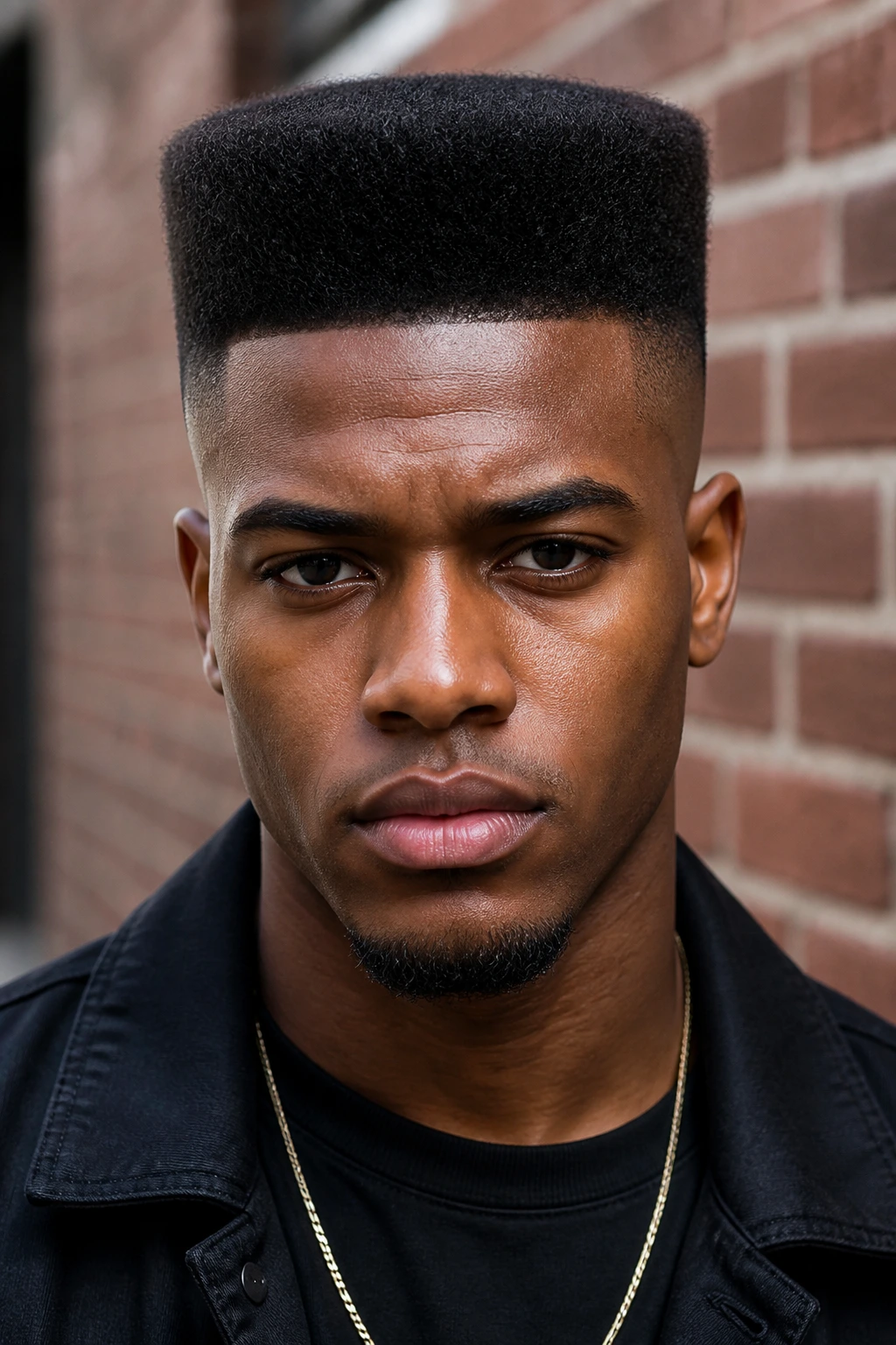 Front portrait of a man with a level flat top and tight sides in outdoor daylight