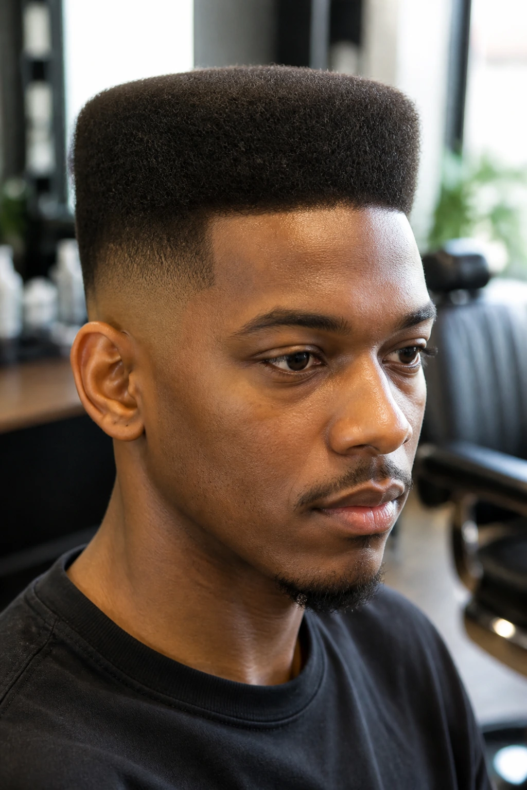 Close-up portrait of a man with a flat top haircut