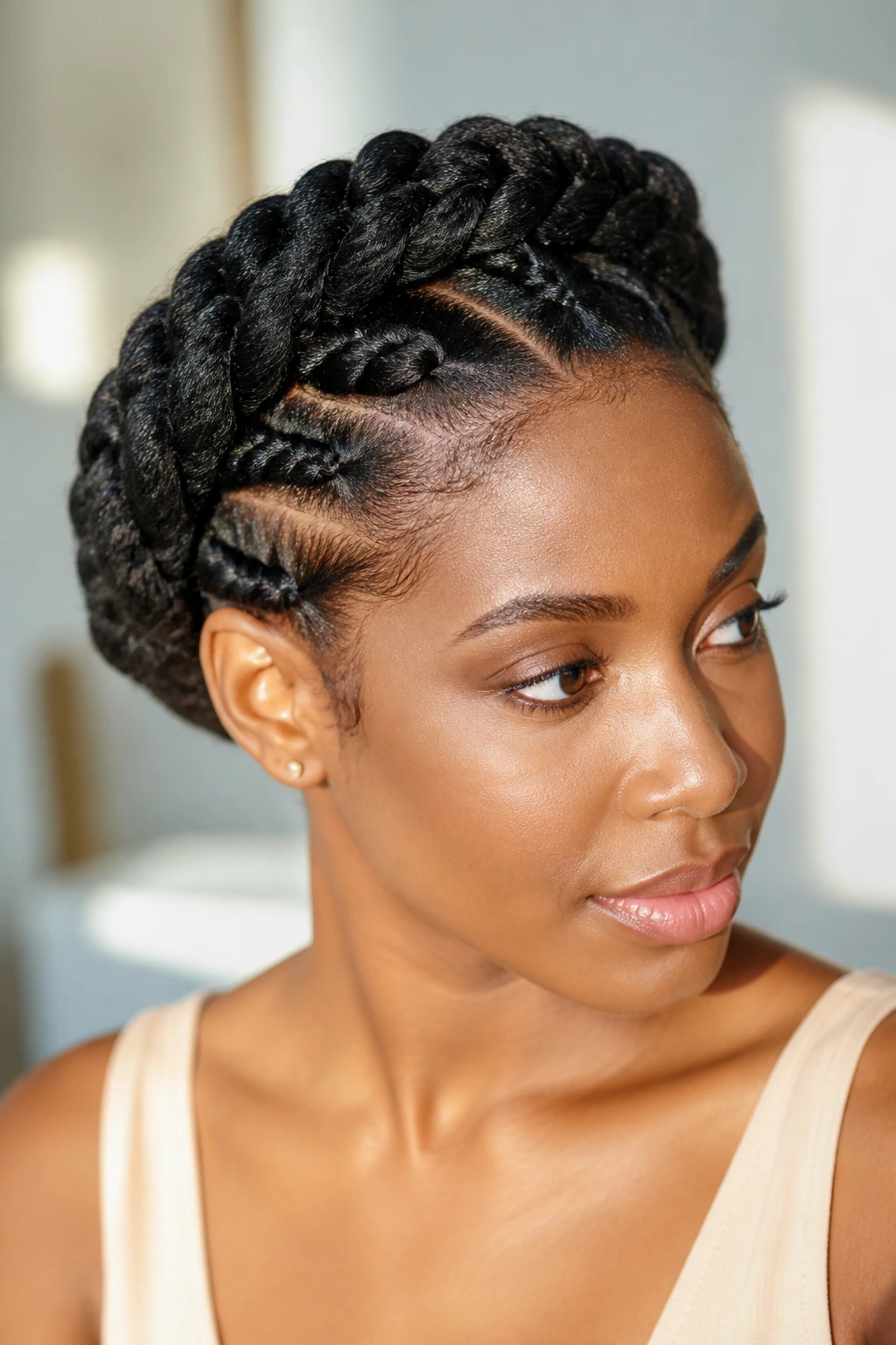 Close-up of a real person with a flat-twist crown around the head