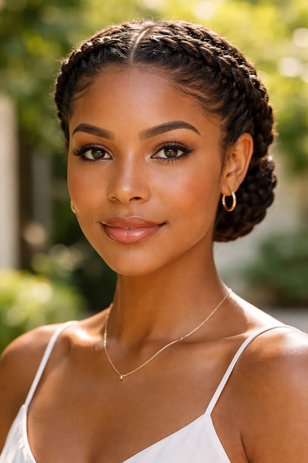 Close-up of a real woman's flat-twist crown hairstyle