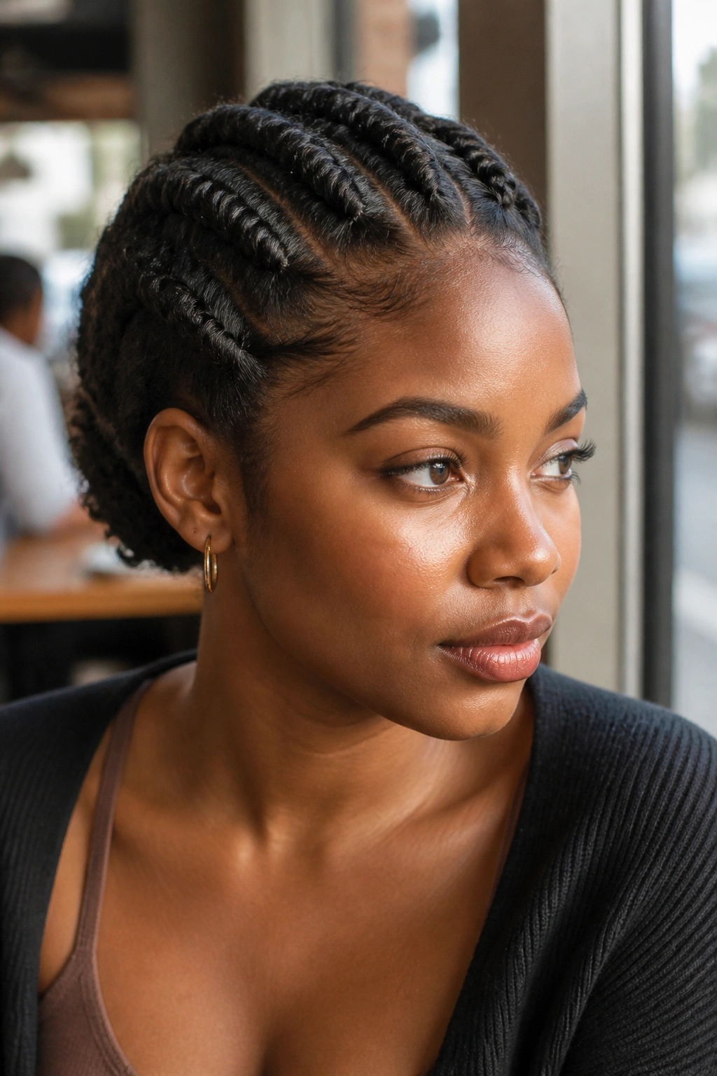 Real woman with flat twist crown around the hairline
