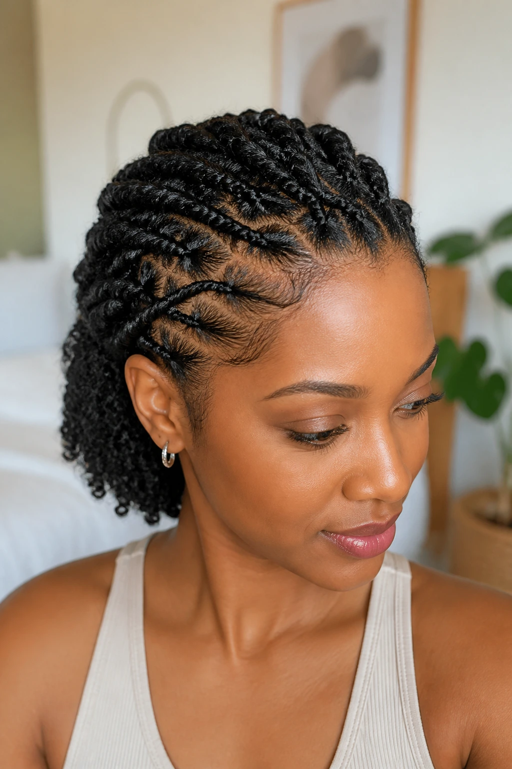 Close-up of a real woman with flat twists across the crown