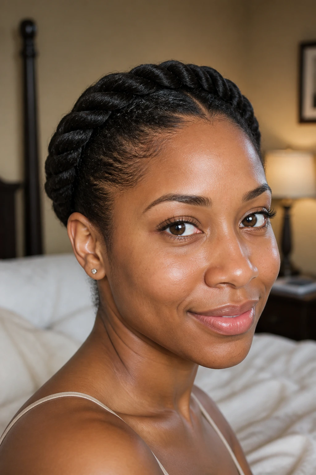 Close-up of a real woman with a flat-twist crown halo hairstyle