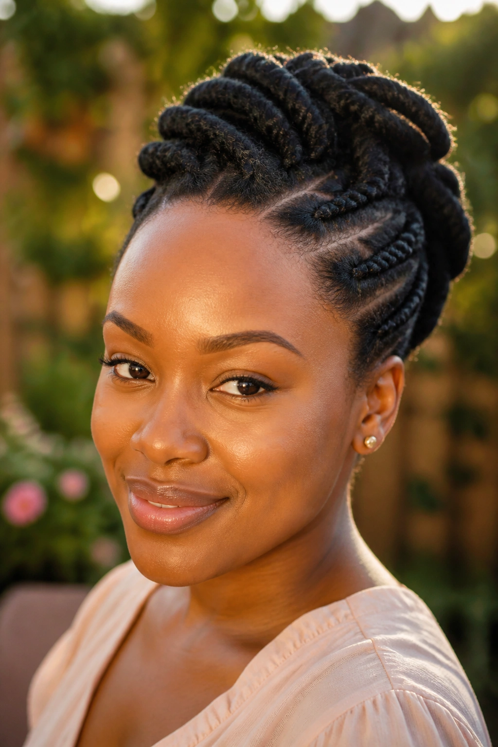 Close-up of a real woman with a flat-twist crown updo in golden hour garden