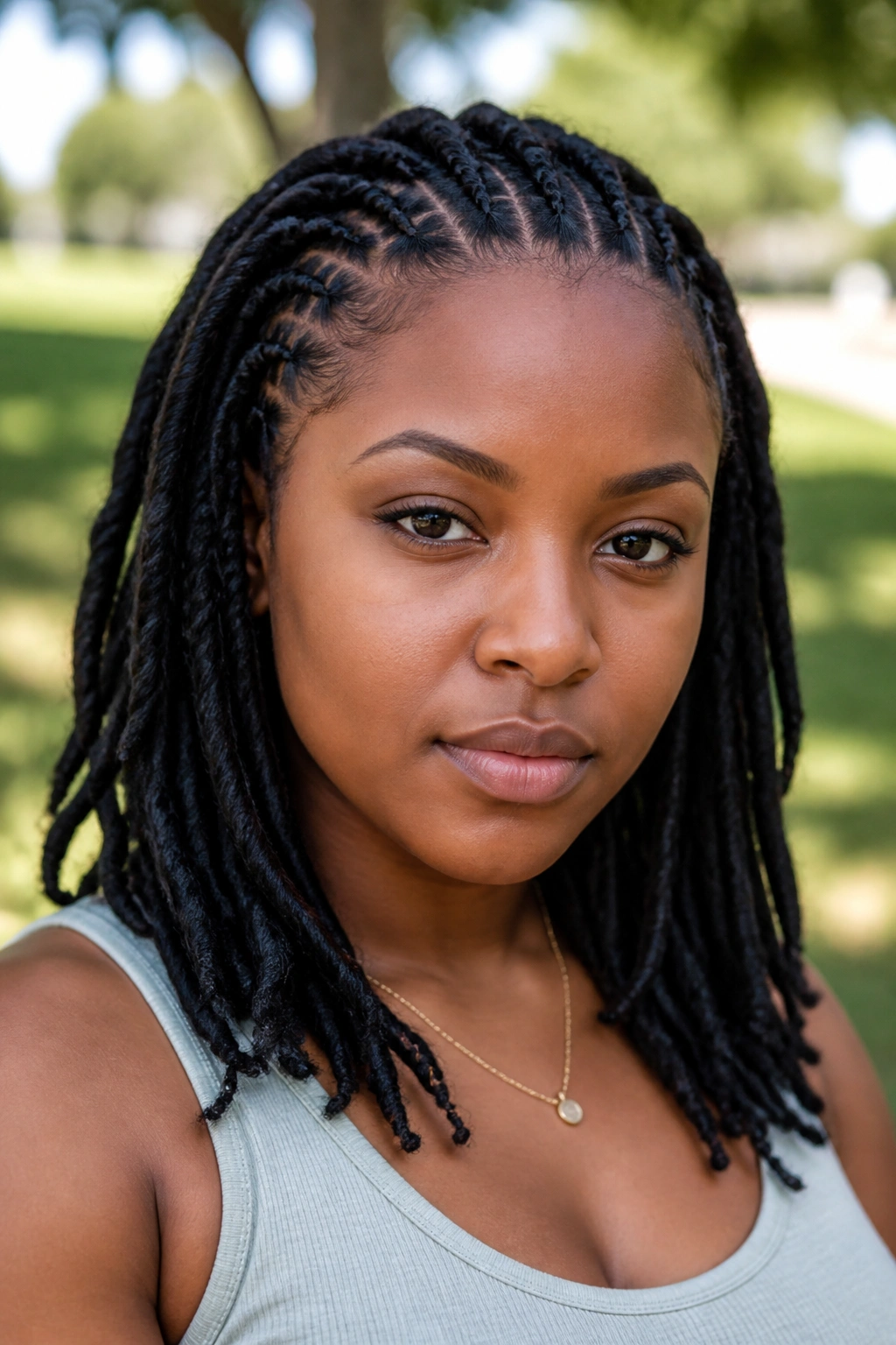 Portrait of a person with flat-twist front locs opened at the face