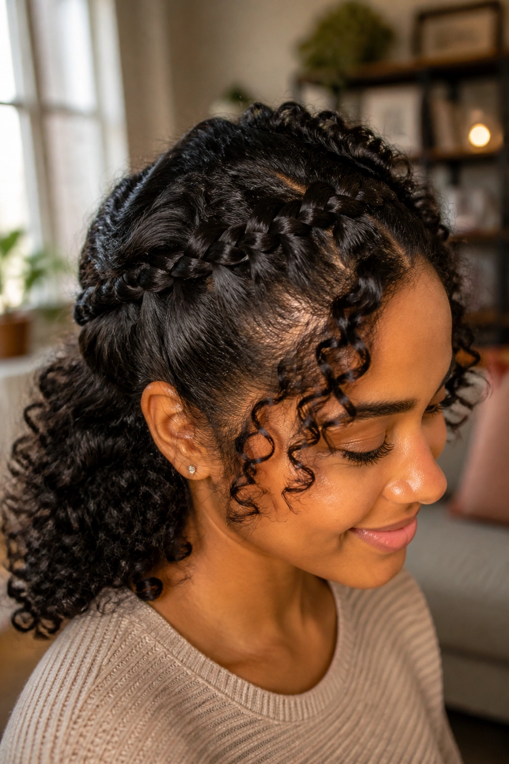 Close-up of a real woman with a flat-twist halo hairstyle