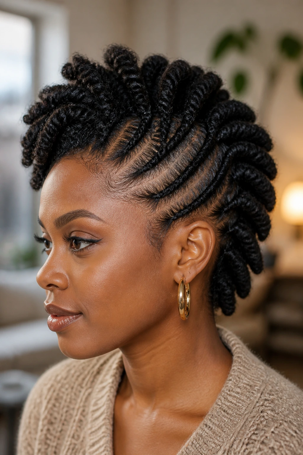 Close-up of a real person with flat twist mohawk in a cozy living room
