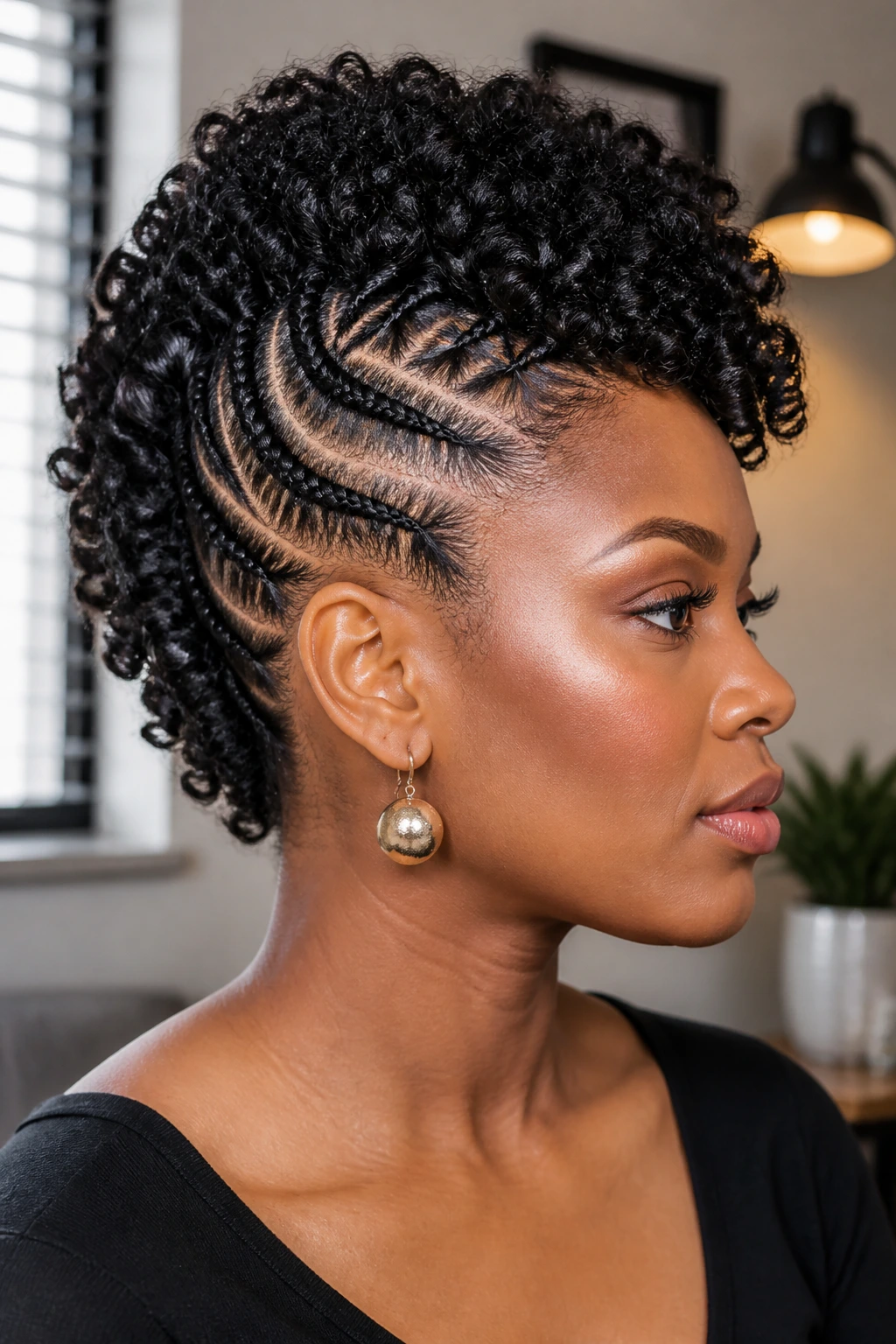 Portrait of a real woman with flat twist sides and central Mohawk