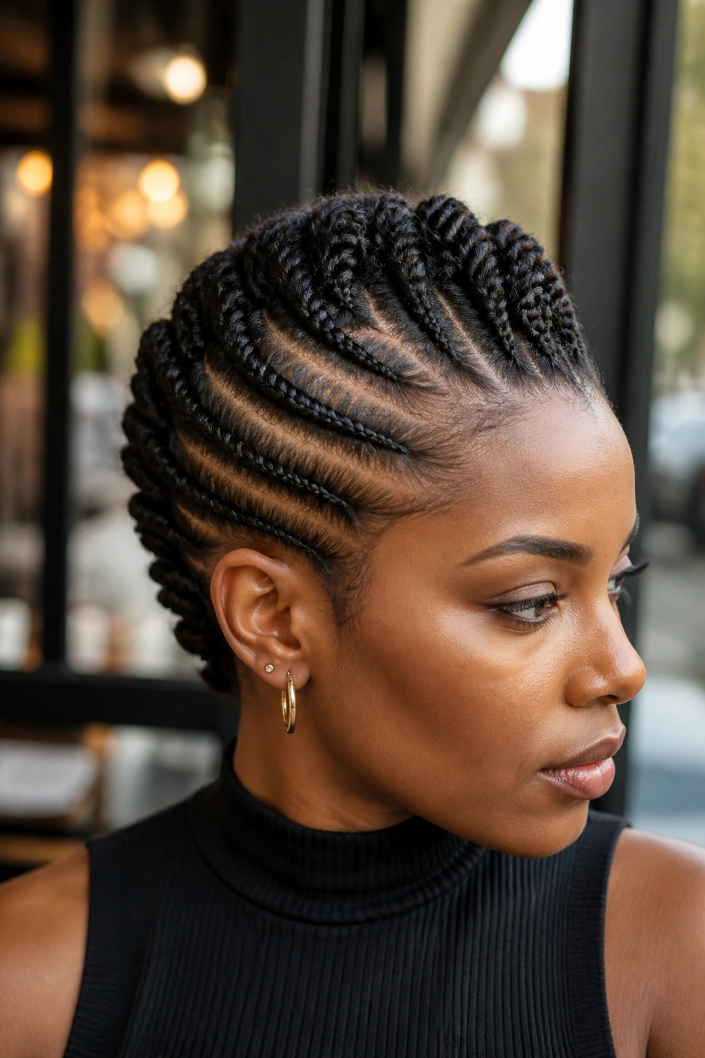 Close-up portrait of real person with flat-twist center mohawk