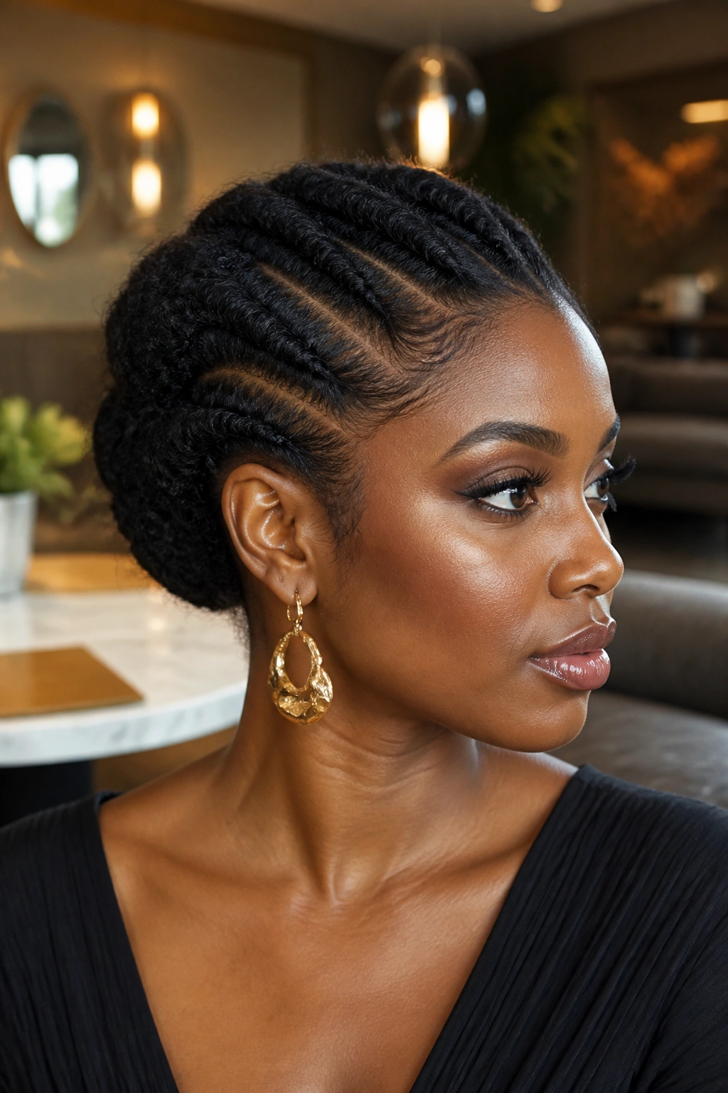 Real woman with flat-twist updo and tucked nape, neat and sculpted.