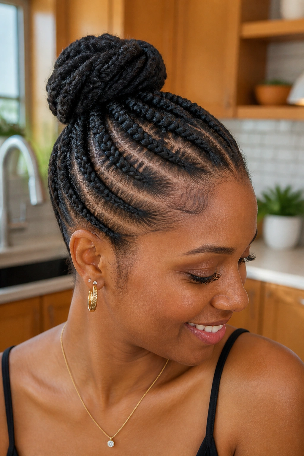 Close-up of a real woman with flat-twist updo at the crown