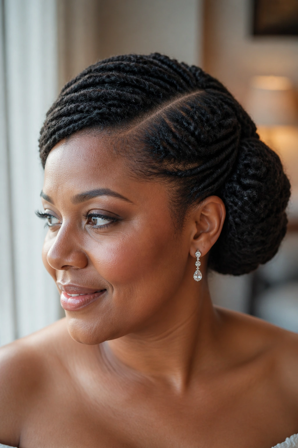 Close-up of a real woman with a flat-twist updo and side part in warm window light