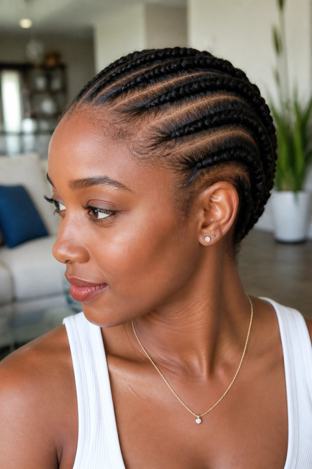 Close-up of a person with flat twists extending toward the back.