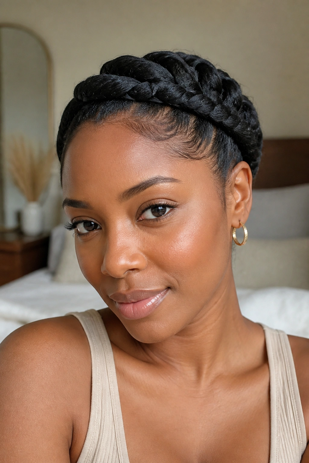 Close-up portrait of a real woman with a crown of flat twists around her head