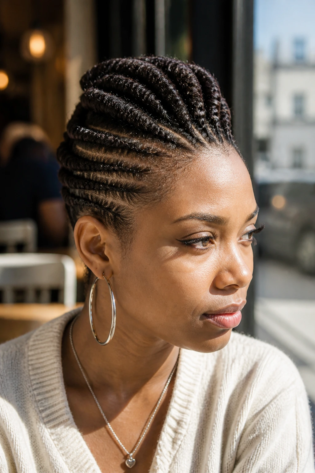 Close-up of a Black woman with flat-twist faux-hawk in natural daylight